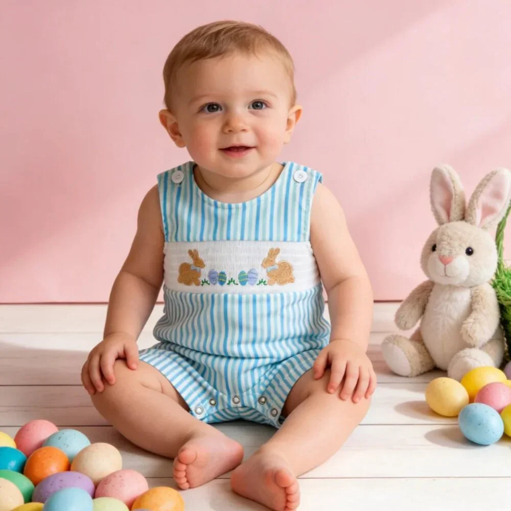 Boutique Rabbit Easter Bunny Baby Boys Smocked Shortall Romper Jumpsuit